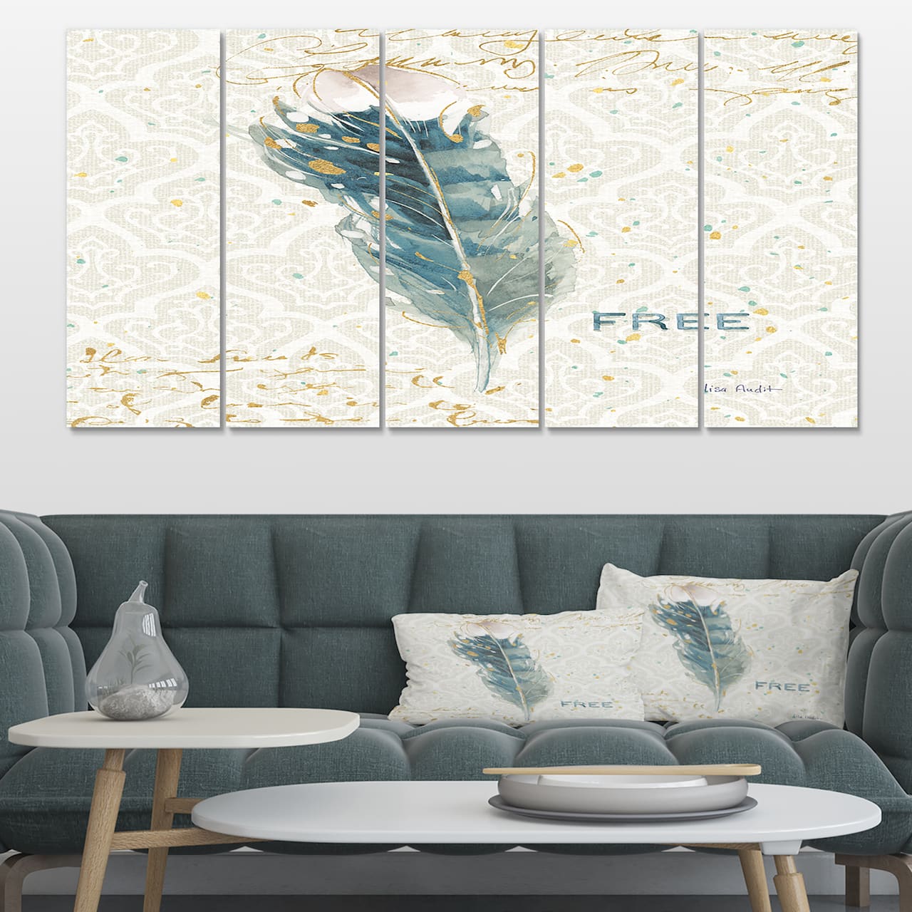 Designart - Damask Painted Gilded Feather on Blue - Nautical & Coastal Canvas Art